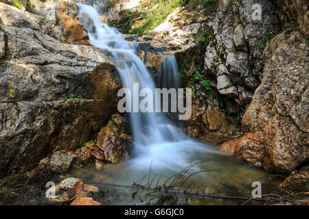 Cascade qui coule sur des roches calcaires dans les Carpates Banque D'Images