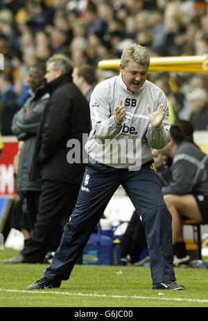 Steve Bruce, directeur de la ville de Birmingham, célèbre le but de Mikaek Forssell contre Wolverhampton Wanderers lors du match Barclaycard Premiership au Molineux Stadium, Wolverhampton. Wolverhampton Wanderers a obtenu 1-1 avec Birmingham City. Banque D'Images