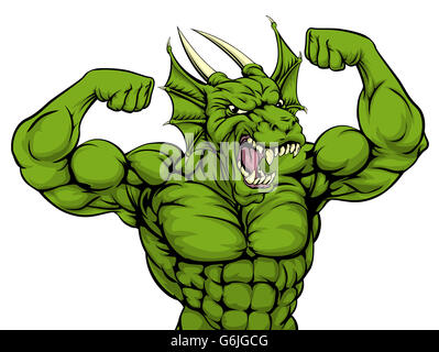 Forte moyenne dure dessin animé dragon vert sports mascot montrant son bicept muscles du bras Banque D'Images