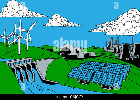 La production d'énergie d'alimentation ou de sources. Comprend des sources renouvelables telles que l'barrage hydroélectrique, éolienne et solaire, les centrales nucléaires et au charbon aussi p Banque D'Images