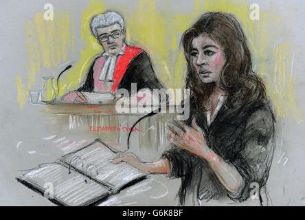 Le croquis de l'artiste de la Cour par Elizabeth Cook de la cuisinière à la télévision Nigella Lawson témoigne au tribunal de la Couronne d'Isleworth, à l'ouest de Londres dans l'affaire deux de ses anciens assistants personnels, Elisabetta et Francesca Grillo, Qui sont accusés de fraude commise en abusant de leurs positions en tant que pas en utilisant une carte de crédit d'entreprise pour le gain personnel. Banque D'Images