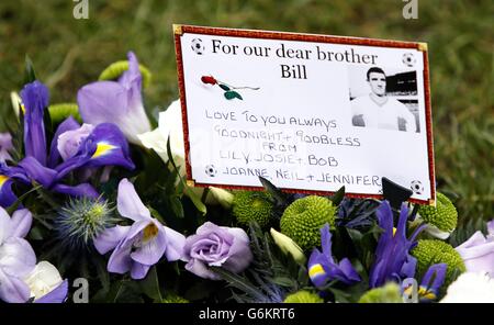 Hommages aux funérailles de l'ancien joueur de Manchester United Bill Foulkes à l'église St Vincent de Paul RC, Altrincham, Cheshire. Banque D'Images