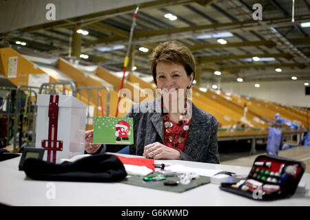 Sally Little de UK4U avec la boîte de Noël de l'année dernière car la boîte de cette année est un secret pour surprendre les militaires et les femmes.Les lettres, les cartes de Noël et les cadeaux de Noël sont triés au bureau de poste des Forces britanniques de RAF Northolt, West London, avant qu'ils soient envoyés à des membres des forces armées qui sont en opération dans le monde entier, y compris en Afghanistan. Banque D'Images