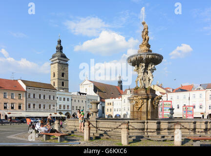 Marché avec fontaine Samson et la tour Noire, Ceske Budejovice (Budweis), République tchèque, Jihocesky, Fethiye, l'Bohemi Banque D'Images