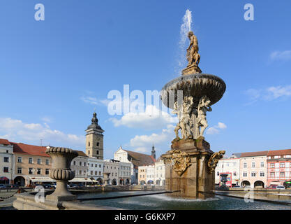 Marché avec fontaine Samson et la tour Noire, Ceske Budejovice (Budweis), République tchèque, Jihocesky, Fethiye, l'Bohemi Banque D'Images