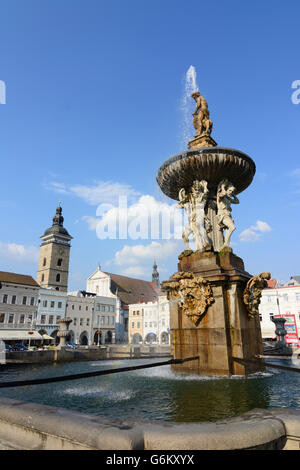 Marché avec fontaine Samson et la tour Noire, Ceske Budejovice (Budweis), République tchèque, Jihocesky, Fethiye, l'Bohemi Banque D'Images