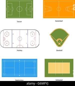 Marquage de terrains de sport pour le football, basket-ball, volley-ball, baseball, hockey et au badminton sur blanc Illustration de Vecteur