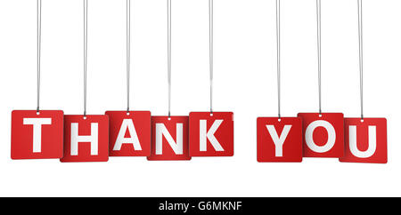 Merci de signer et de mot sur papier rouge tags pour message de grâce 3d illustration isolé sur blanc. Banque D'Images