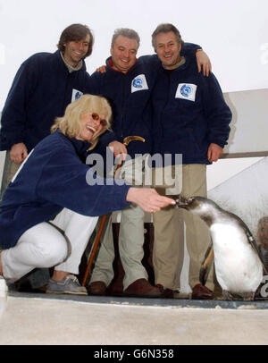 Équipe de soutien, Babs Powell (à gauche), Pedro Munoz (deuxième à gauche), et Miles Peckham (à droite) avec Michael McGrath et Amelia le pingouin lors d'une séance photo à l'enclos des pingouins du zoo de Londres, Regent's Park mardi 30 décembre 2003.L'homme d'affaires britannique McGrath part en deux jours dans une expédition au pôle Sud pour devenir le premier handicapé à atteindre les pôles Nord et Sud (il a conquis le pôle Nord en avril 2002).Michael souffre de Dystrpohy musculaire depuis 20 ans et le projet de deux ans vise à recueillir 1 million pour la recherche et le soulagement des troubles musculaires. Banque D'Images