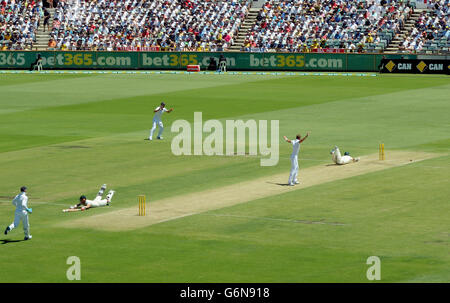 Stuart Broad, en Angleterre, célèbre le fait que Chris Rogers (à droite), en Australie, est sorti par James Anderson (non représenté) lors du premier jour du troisième test au WACA Ground, à Perth, en Australie. Banque D'Images