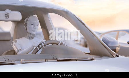 Robot dans un embouteillage - transport autonome et auto-conduire des voitures concept 3D illustration. Banque D'Images