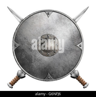Metal gladiator bouclier et deux épées croisées 3d illustration isolé Banque D'Images