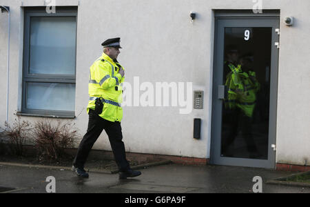 La police de Ferry Gait Crescent, où Mikaeel Kular, trois ans, a disparu de sa maison. Banque D'Images