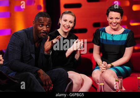 (De gauche à droite) Idris Elba, Lena Dunham et Olivia Colman pendant le tournage du Graham Norton Show aux London Studios, dans le sud de Londres, qui sera diffusé sur BBC One vendredi soir. Banque D'Images