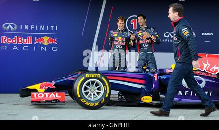 Les pilotes de Red Bull Daniel Ricciardo (au centre), Sebastian Vettel et Christian Horner (à droite) lors du lancement de la nouvelle voiture Red Bull RB10 sur le circuit de Jerez, Jerez, Espagne. Banque D'Images