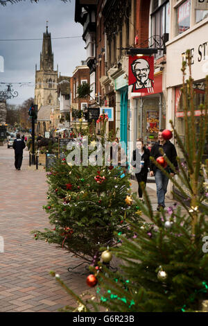 Gloucester, Gloucestershire, Royaume-Uni, le Westgate Street, décorées d'arbres de Noël à vendre en route piétonne Banque D'Images