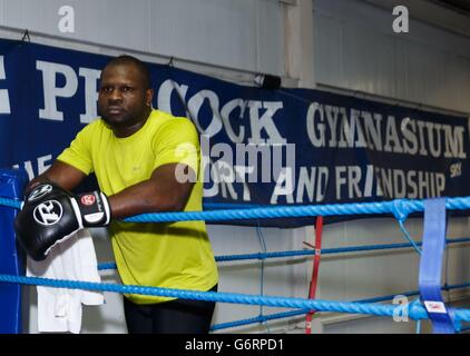 Boxe - Kevin Johnson, Joey Abell et Vivian Harris Media s'entraîner - Peacock Gym.Kevin Johnson pendant l'entraînement médiatique au Peacock Gym, Londres. Banque D'Images