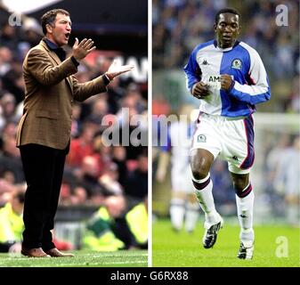 Le gestionnaire de Blackburn Rovers Graeme Souness (à gauche) et le buteur Dwight Yorke (à droite).Selon un rapport publié dans le Daily Mirror, la paire s'est affrontée en formation après que Yorke ait tenté de s'attaquer à son Manager lors d'un match à six.Souness, qui était connu comme milieu de terrain difficile à affronter dans ses jours de jeu, aurait répondu par un âne sur Yorke.Il est rapporté un argument suivi, au cours duquel Souness a accusé l'attaquant d'être un «garçon de jeu».. Banque D'Images