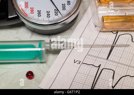 Sur la table est un appareil de mesure de pression artérielle, qui montre des pressions plus élevées. Il s'agit d'une crise hypertensive. Près de sont Banque D'Images