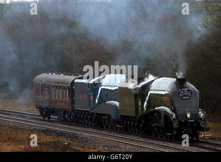 La locomotive de classe A4 et la star de la collection nationale - Mallard se rend à la locomotion, le Musée national des chemins de fer à Shildon tiré par l'exploitation de la sœur classe A4 locomotive Union de l'Afrique du Sud (en vapeur) Avant la dernière réunion des six locomotives A4 de la sœur encore en service dans le cadre du projet Mallard 75. Banque D'Images