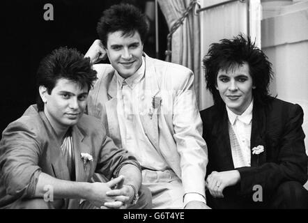 DURAN Duran, (G-D) Roger Taylor, Simon le bon et Nick Rhodes, faisant la promotion de leur James Bond Movie Song, A View to a Kill. Banque D'Images