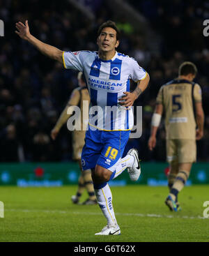 Football - Sky Bet Championship - Brighton et Hove Albion v Leeds United - le stade AMEX.Leonardo Ulloa de Brighton célèbre son but lors du championnat Sky Bet au stade AMEX de Brighton. Banque D'Images