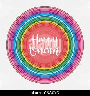 Heureux Onam lettrage dessiné à la main. La calligraphie moderne. Festival de l'Inde du Sud. Motif rond coloré pour votre conception Illustration de Vecteur