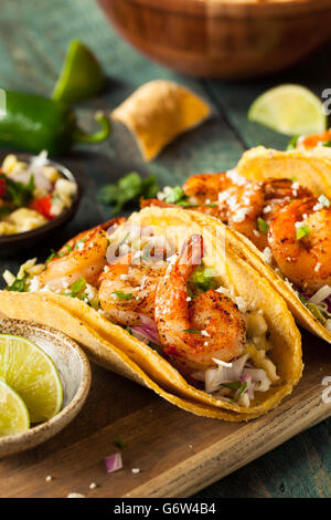Tacos de crevettes épicées à la maison avec la salade de chou et Salsa Banque D'Images