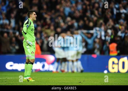 Gonzalez Jesus Navas (arrière-plan) de Manchester City célèbre leur troisième score But du jeu avec des coéquipiers comme gardien de but de Sunderland Vito Mannone est abandonné Banque D'Images