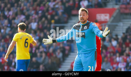 Rob Elliot, de Newcastle United, réagit à un autre tir sur son but lors du match de la Barclays Premier League à St Mary's, Southampton. Banque D'Images