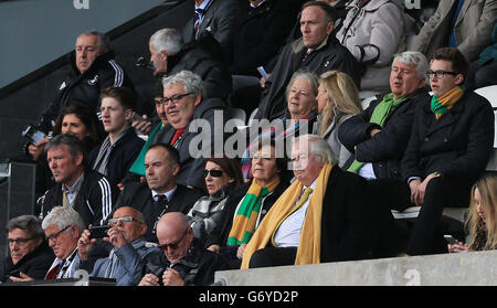 La propriétaire de Norwich City Delia Smith avec son mari Michael Wynn-Jones (à droite) et le directeur général de Norwich David McNally (deux à gauche de Delia Smith) pendant le match de la Barclays Premier League au Liberty Stadium, à Swansea. Banque D'Images