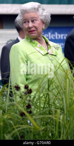 On voit la reine Elizabeth II les jardins exposés au Chelsea Flower Show, à Londres. Près de 600 exposants assistent au spectacle complet de cette semaine à l'hôpital Royal de Chelsea, avec 105 expositions florales, 40 jardins et 15 expositions éducatives se disputant des médailles. Banque D'Images