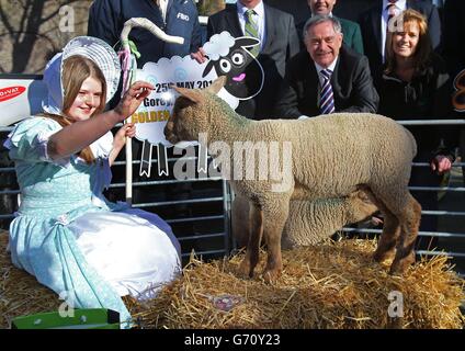 (De gauche à droite) Emma Shaw, âgée de 11 ans, ministre des dépenses publiques Brendan Howlin et éleveuse de moutons Collette Deegan lors du lancement du 16e Championnat mondial de tonte et d'élevage de moutons; championnats de manutention de la laine à Kildare Street Dublin. Banque D'Images