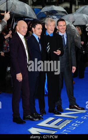 (De gauche à droite) Patrick Stewart, James McAvoy, Sir Ian McKellen et Michael Fassbender arrivent à la première britannique des X-Men Days of future, dans le West End Odeon, Leicester Square, Londres. Banque D'Images