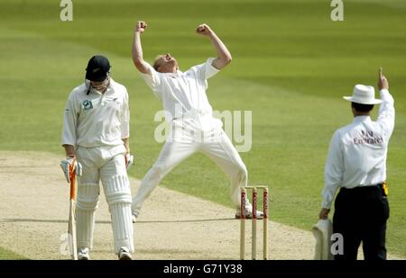 Andrew Flintooff, de l'Angleterre, célèbre le congédiement du capitaine de Nouvelle-Zélande Stephen Fleming le troisième jour du troisième test de npower contre la Nouvelle-Zélande à Trent Bridge, Nottingham. Samedi 12 juin 2004. Banque D'Images