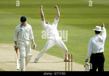 Andrew Flintof, de l'Angleterre, célèbre le congédiement du capitaine néo-zélandais Stephen Fleming le troisième jour du troisième test de npower contre la Nouvelle-Zélande à Trent Bridge, Nottingham, samedi 12 juin 2004. Banque D'Images