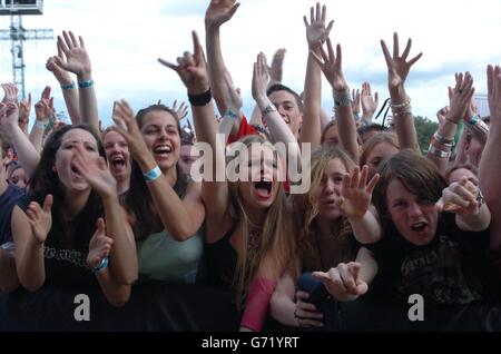 Les membres du public du Phoenix Park Festival, en Irlande, accueillent sur scène le groupe américain Red Hot Chili Peppers. Banque D'Images