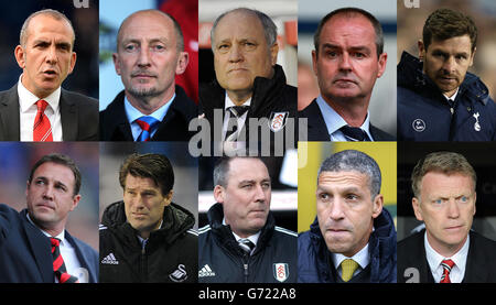 Une image composite de tous les départs des cadres de la Premier League jusqu'à présent pendant la saison de football 2013/14 : (Rangée supérieure gauche-droite) Paolo Di Canio de Sunderland, Ian Holloway du Crystal Palace, Martin Jol de Fulham, Steve Clarke de West Bromwich Albion, Andre Villas-Boas de Tottenham Hotspur, (rangée inférieure, gauche-droite) Malky Mackay de Cardiff et Michael Laudrup de Swansea, Rene Meulenstees de Fulham et David Moyen de Manchester United City. Banque D'Images