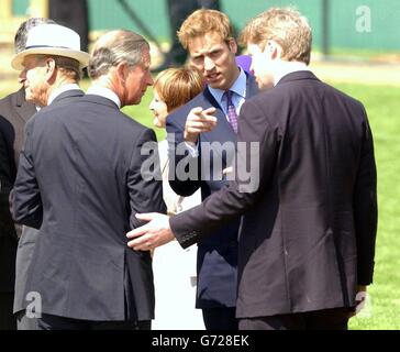 Earl Spencer (à droite), frère de Diana, princesse de Galles, parle au prince de Galles et à son fils aîné, le prince William, à l'ouverture d'une fontaine construite à la mémoire de la princesse dans Hyde Park à Londres. La création de 3.6 millions à côté de la Serpentine a été entourée de controverses - confrontés à des retards et à la sur-exécution de son budget d'ici 600,000. La princesse est décédée dans un accident de voiture à Paris en août 1997. Banque D'Images