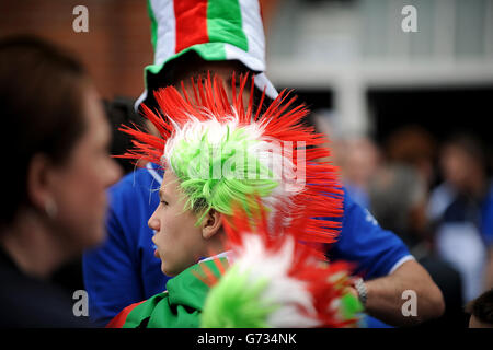 Football - International friendly - République d'Irlande / Italie - Craven Cottage.Un fan italien porte une perruque mohawk dans les couleurs de son équipe Banque D'Images