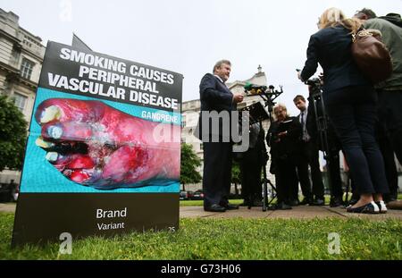 Le ministre de la Santé James Reilly s'est exprimé devant les médias dans les bâtiments gouvernementaux de Dublin, l'Irlande étant devenue le premier pays européen à ordonner une interdiction des paquets de cigarettes de marque. Banque D'Images