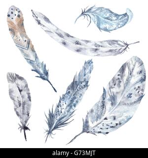 Boho peint à la main avec des plumes illustration tribal isolé sur fond blanc Banque D'Images