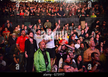 Des milliers de fans de rock regardent le match Angleterre contre l'Italie sur des écrans géants, pendant la deuxième journée du Festival de téléchargement 2014 à Donington Park. Banque D'Images