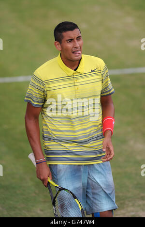 Nick Kyrgios en Australie en action contre Miloslav Mecir en Slovaquie lors du défi AEGON Nottingham au centre de tennis de Nottingham, à Nottingham.APPUYEZ SUR ASSOCIATION photo.Date de la photo: Vendredi 13 juin 2014.Voir PA Story TENNIS Nottingham.Le crédit photo devrait se lire comme suit : Tim Goode/PA Wire Banque D'Images