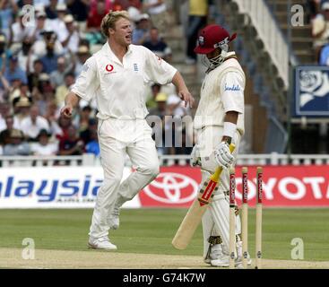 Andrew Flintoff (à gauche), en Angleterre, célèbre le batteur Ramnaresh Sarwan des West Indies pour 139 au cours de la troisième journée du deuxième match du npower Test à Edgbaston. Banque D'Images