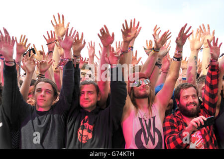 Les fans de rock se balancent tandis que Bowling for Soup se déroule pendant la deuxième journée du festival de téléchargement 2014 à Donington Park. Banque D'Images