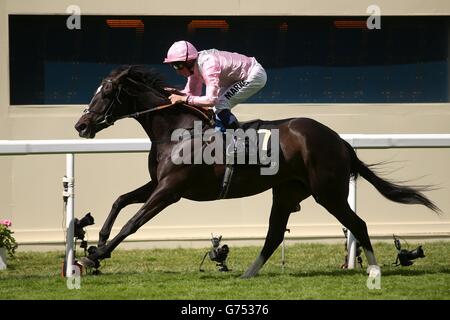 La fugue est criée par le jockey William Buick sur la voie de la victoire des enjeux du Prince de Galles lors du deuxième jour de la réunion royale d'Ascot de 2014 à l'hippodrome d'Ascot, dans le Berkshire. Banque D'Images