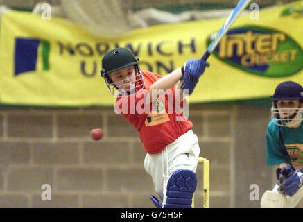 Matthew Terry, 12 ans, joue un coup de feu pour Thetford Schools, les gagnants éventuels, lors du tournoi de cricket de Norwich Union, Thetford, Norfolk. Banque D'Images