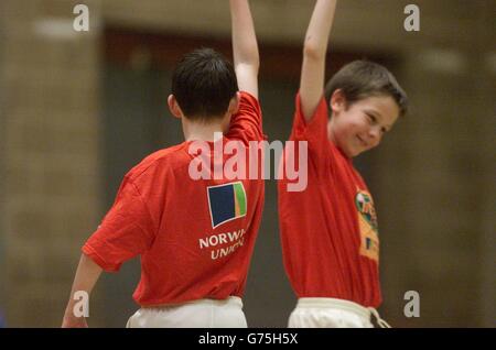 Liam McIsaac (à gauche) et Daniel White, fêtent la prise d'un match de cricket pour le côté de Thetford contre les adversaires du roi Edward Seventh, lors du tournoi de cricket de l'Union de Norwich, Thetford, Norfolk. Banque D'Images