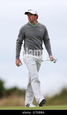 Rory McIlroy d'Irlande du Nord pendant la quatrième journée d'entraînement du Championnat d'Open 2014 au Royal Liverpool Golf Club, Hoylake. Banque D'Images